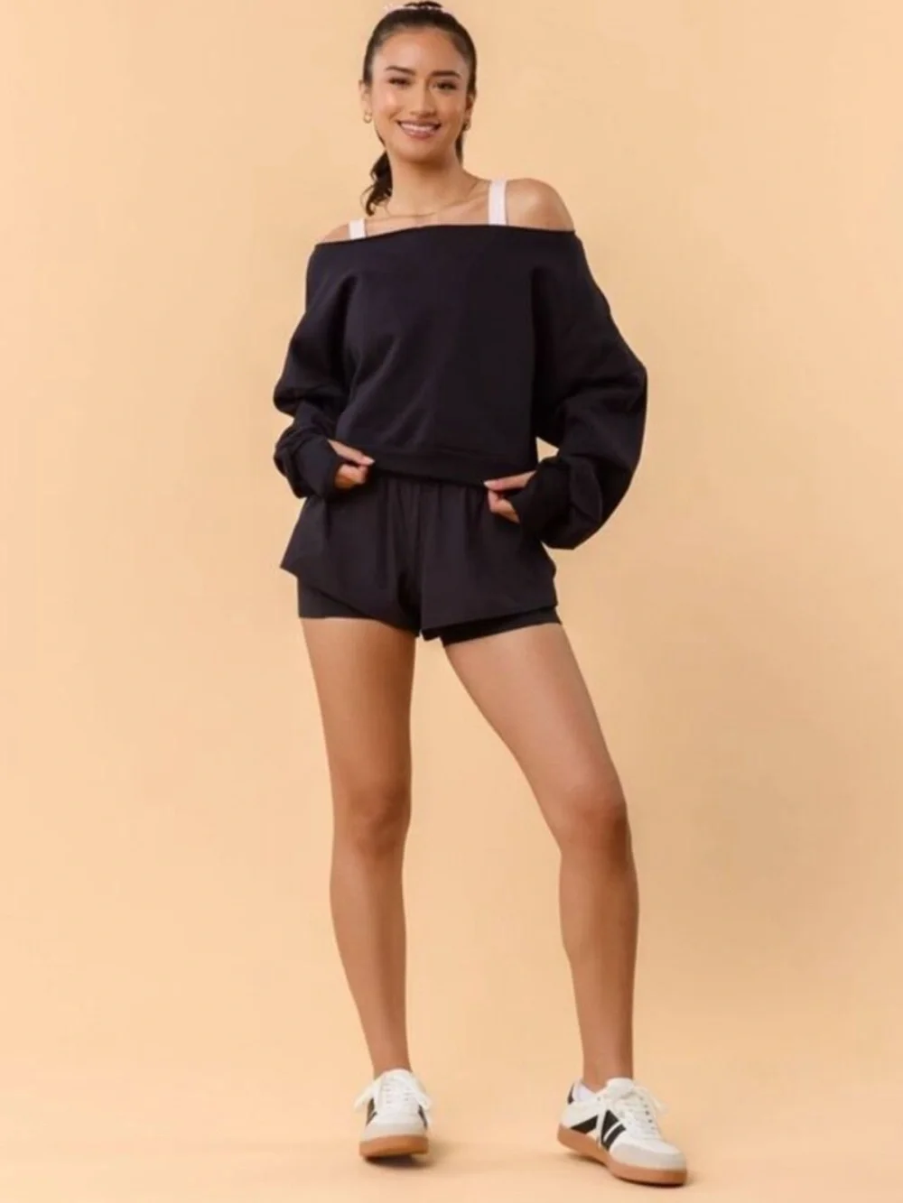 Blogilates Womens Dance Studio Off the Shoulder Sweatshirt Black Medium